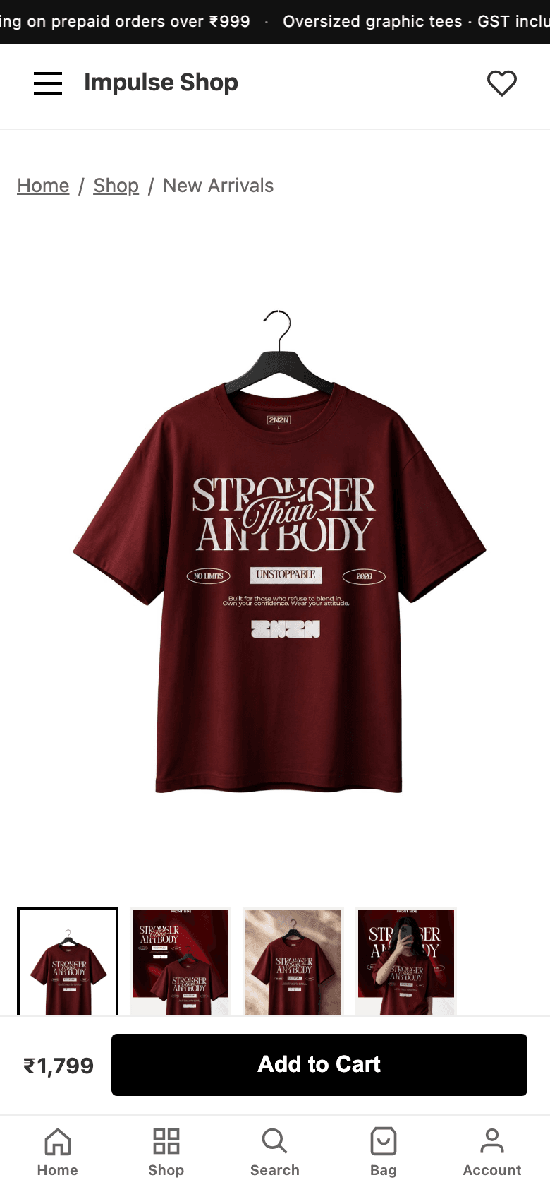 Impulse Shop — Maroon tee on phone