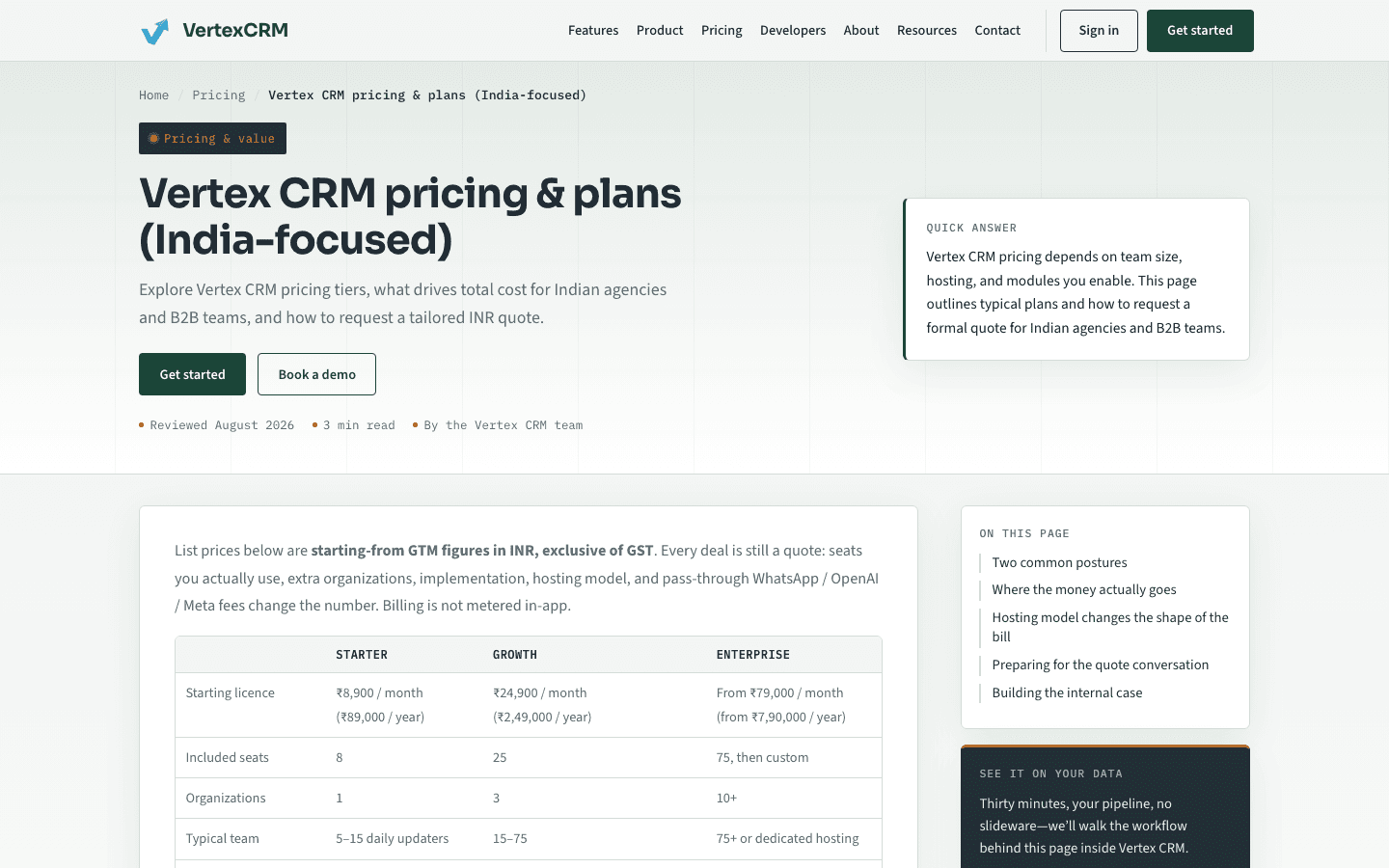 Vertex CRM — India pricing
