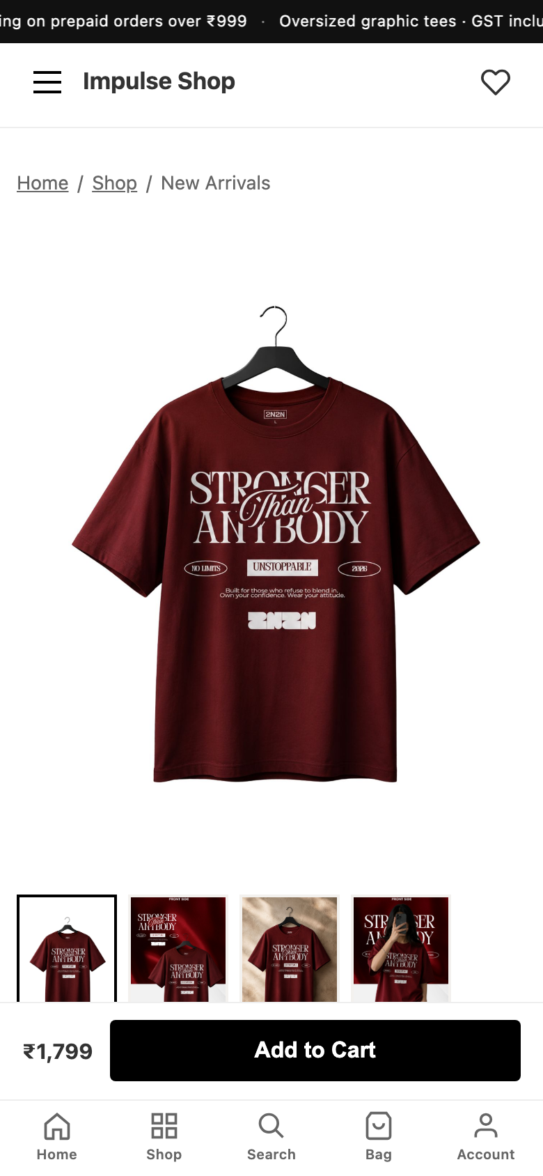 Impulse Shop — Maroon tee on phone