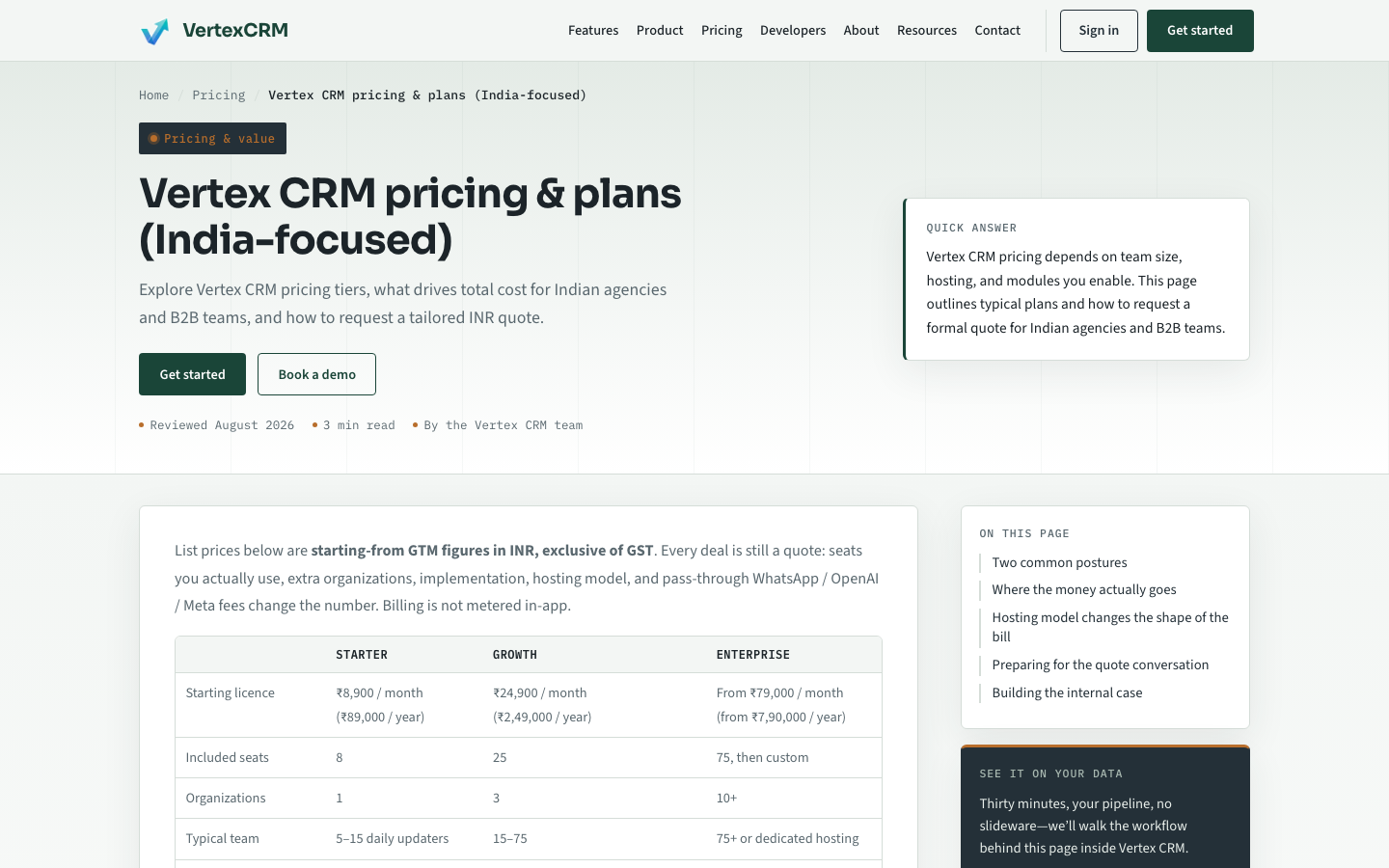 Vertex CRM — India pricing