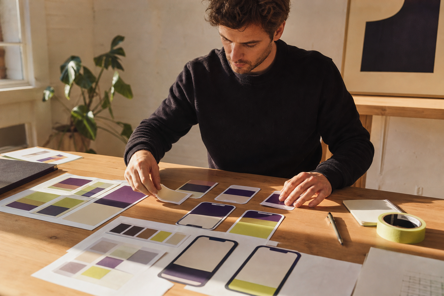 Designer arranging printed mobile frames and color swatches on a light oak table