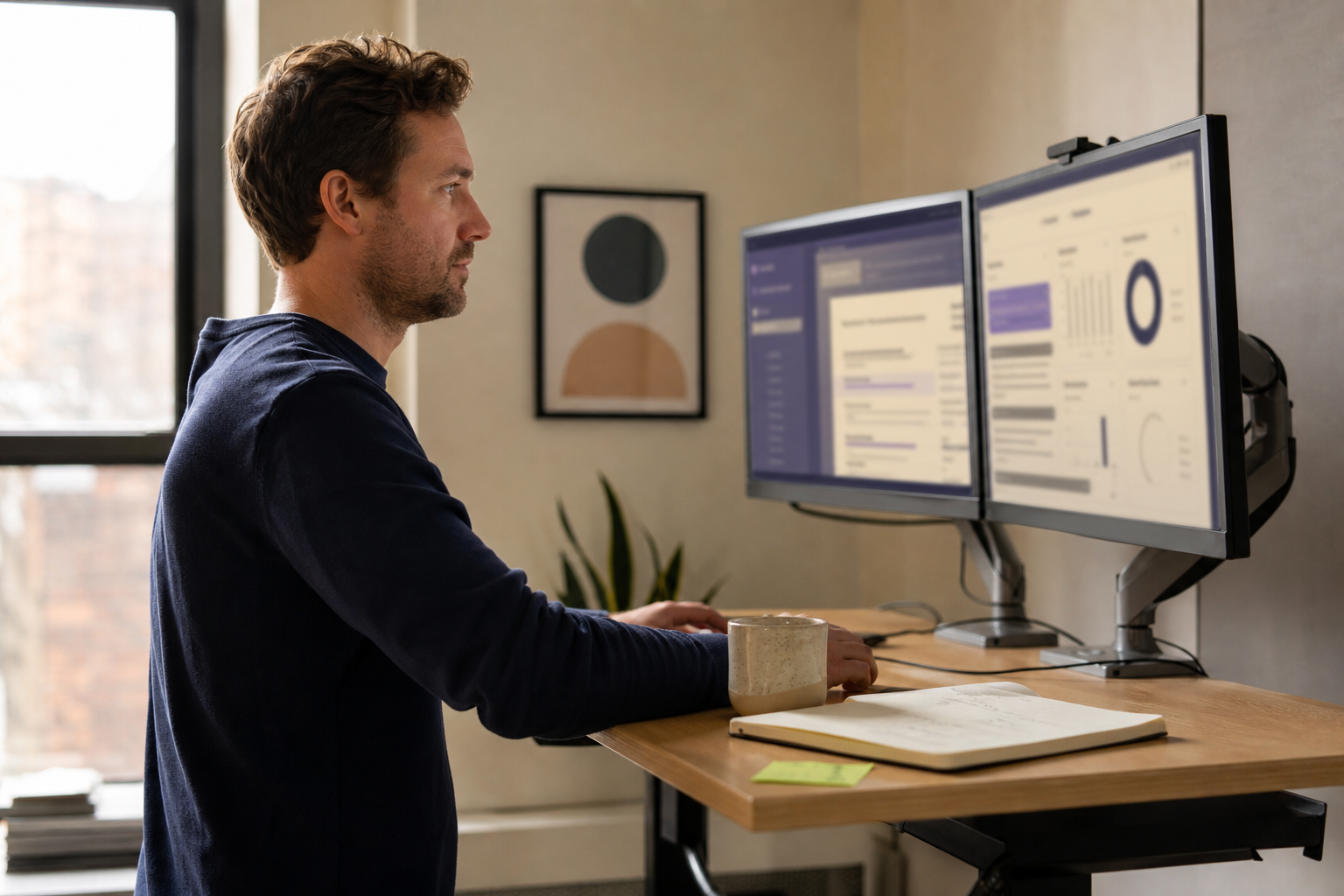 Engineer at a standing desk in the cream studio, monitors showing abstract dashboards