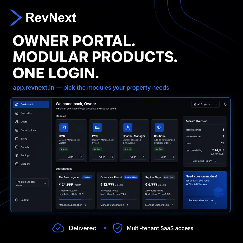 RevNext — One Modular Platform for Hotel Revenue Operations — Owner portal
