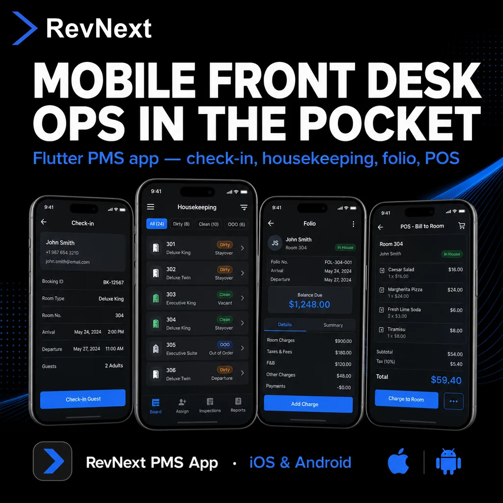 RevNext — One Modular Platform for Hotel Revenue Operations — Mobile front desk